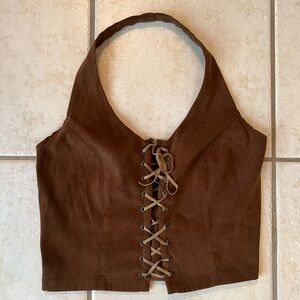 Women’s Size L Brown Faux Suede Laceup Corset Halter Top